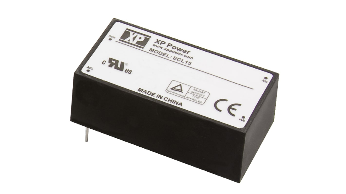XP Power AC-DC Converter, ECL15UD02-E, ±15V dc, 500mA, 15W, Dual Output, 120 → 370 V dc, 85 → 264 V ac