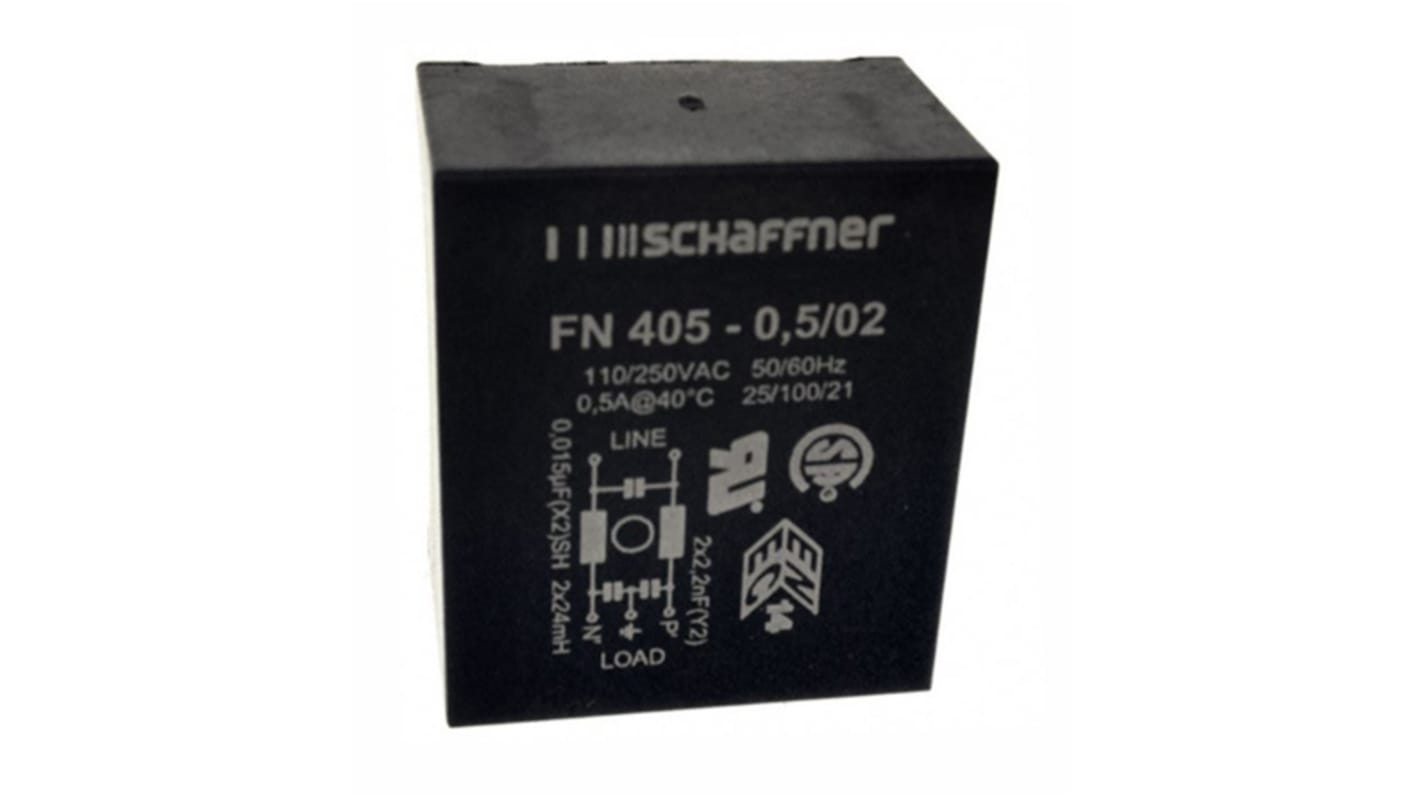 Schaffner 单相EMI滤波器, 500mA, 250 V 交流, 400Hz, PCB安装, 引脚接端, 一阶, FN405系列