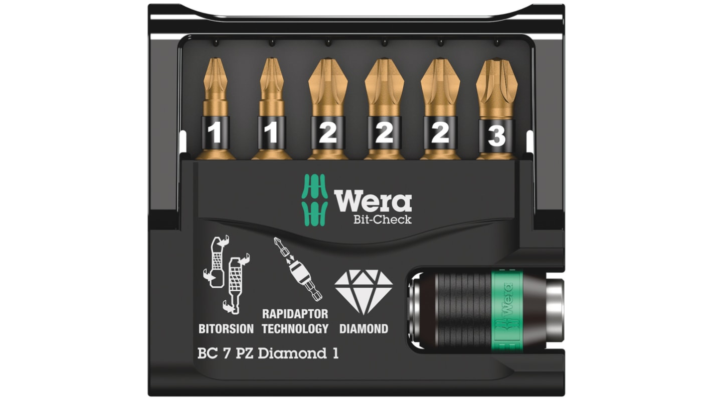 Juego de puntas de atornillar Wera de 7 piezas, puntas Hexagonal, Pozidriv