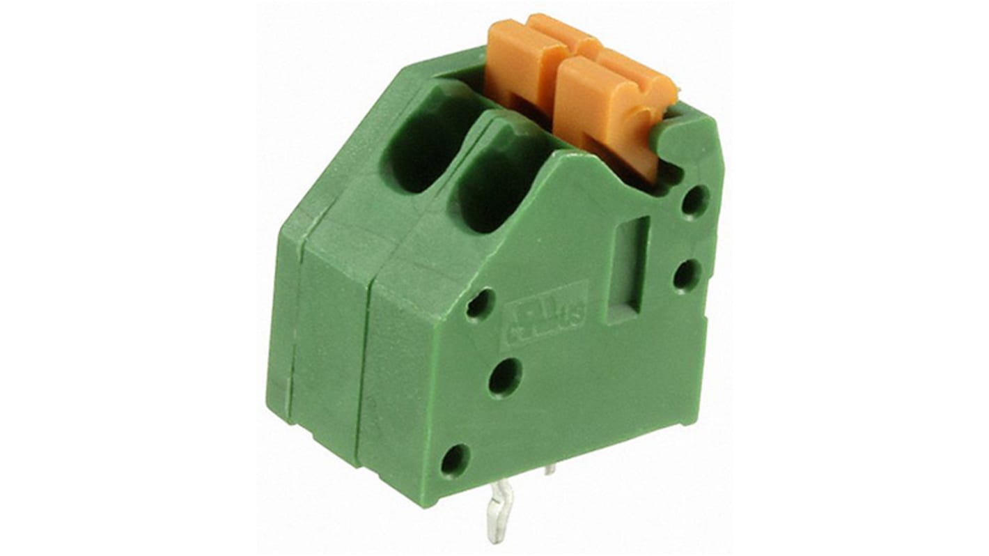 TE Connectivity PCB端子排, 2p, 3.5mm间距, 6A, 300 V 交流, THT安装, 焊接端接, 垂直, 绿色