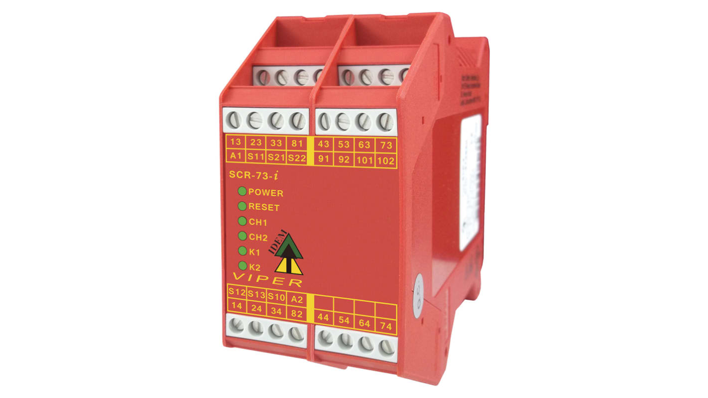 Relé de seguridad IDEM Viper SCR-73-i Pluggable Terminals de 2 canales, para Parada de Emergencia, 24V ac/dc, cat. seg.