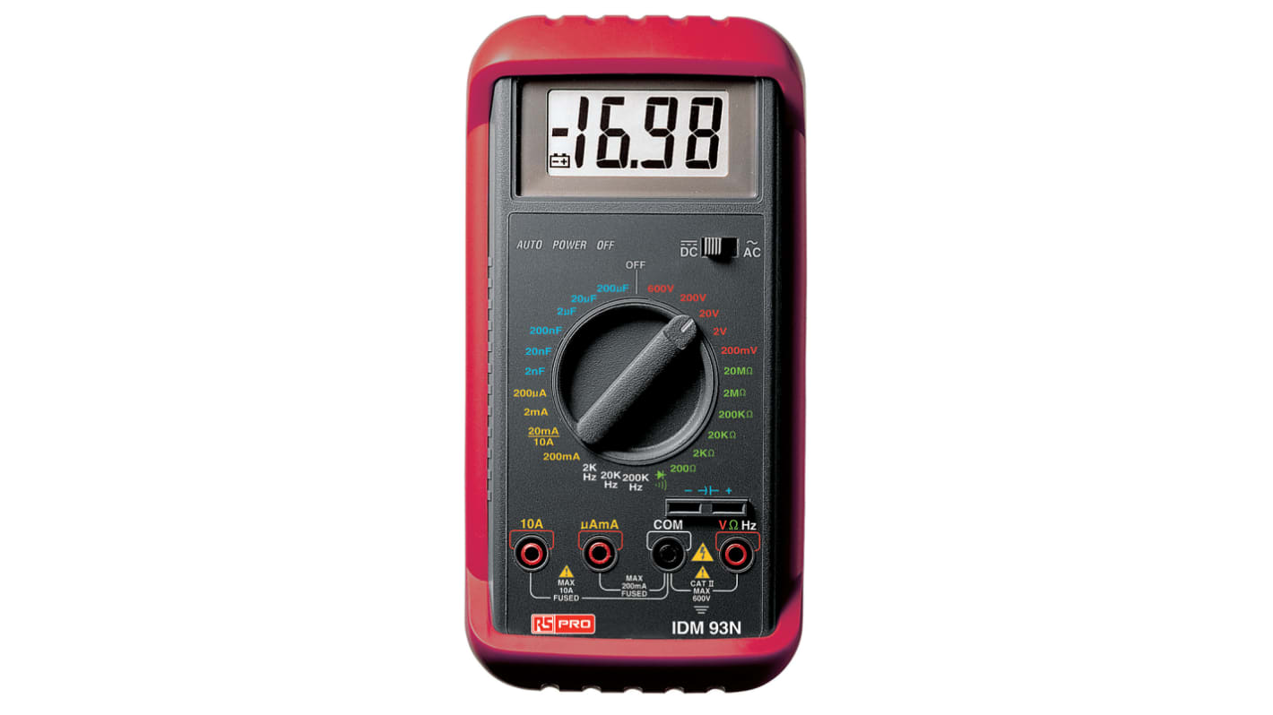 RS PRO IDM93M Handheld Digital Multimeter, 10A ac Max, 10A dc Max, 600V ac Max - UKAS Calibrated