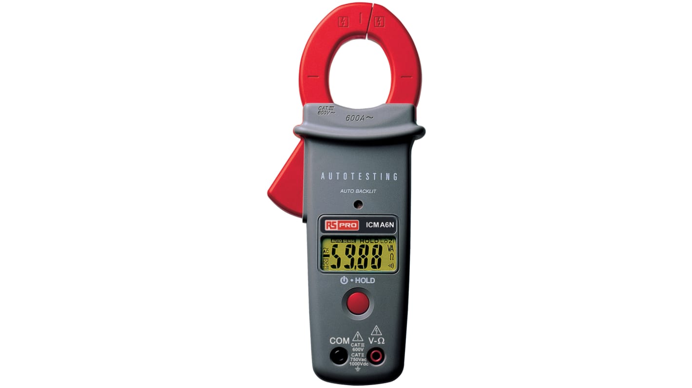 RS PRO ICMA6 Zangenmessgerät Strom, Spannung CAT II, CAT III 750V ac / 600A ac, 999.9V dc, 2kΩ, ISO-kalibriert