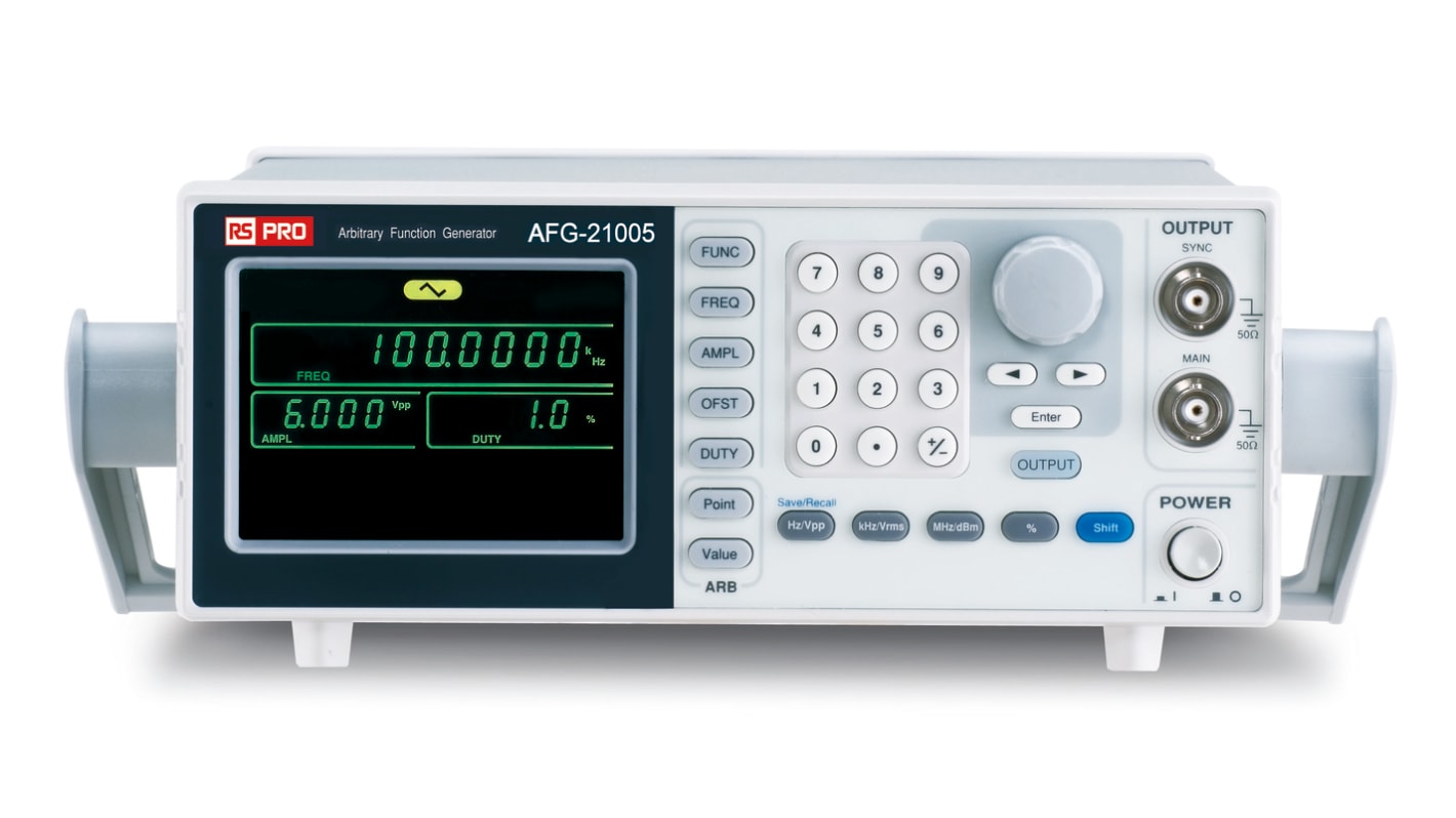 RS PRO 信号发生器, 最大频率范围5MHz, 输出幅度1 mV Pk-Pk → 10 V Pk-Pk, 2 mV Pk-Pk → 20 V Pk-Pk (Open Circuit), AFG21005,