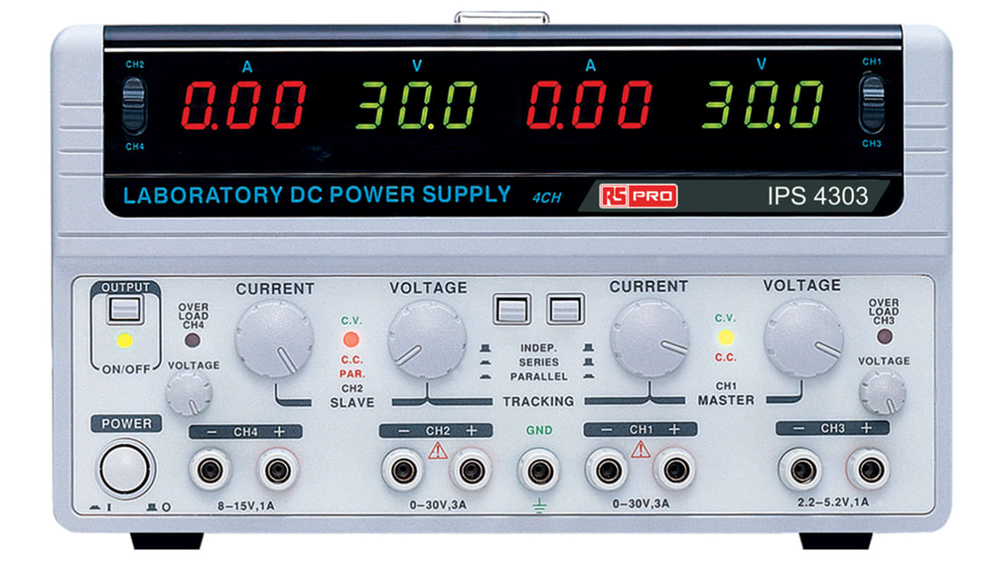 Alimentatore da banco RS PRO, 4 uscite, 0 → 30 (Channel 1) V dc, 0 → 30 (Channel 2) V dc, 2.2 →