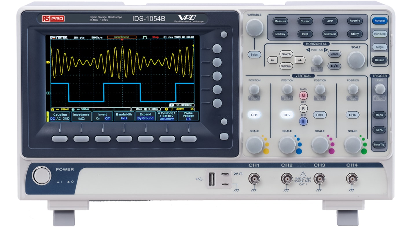 RS PRO IDS1054B, 50MHz Bench Oscilloscope, 4 Analogue Channels - UKAS Calibrated