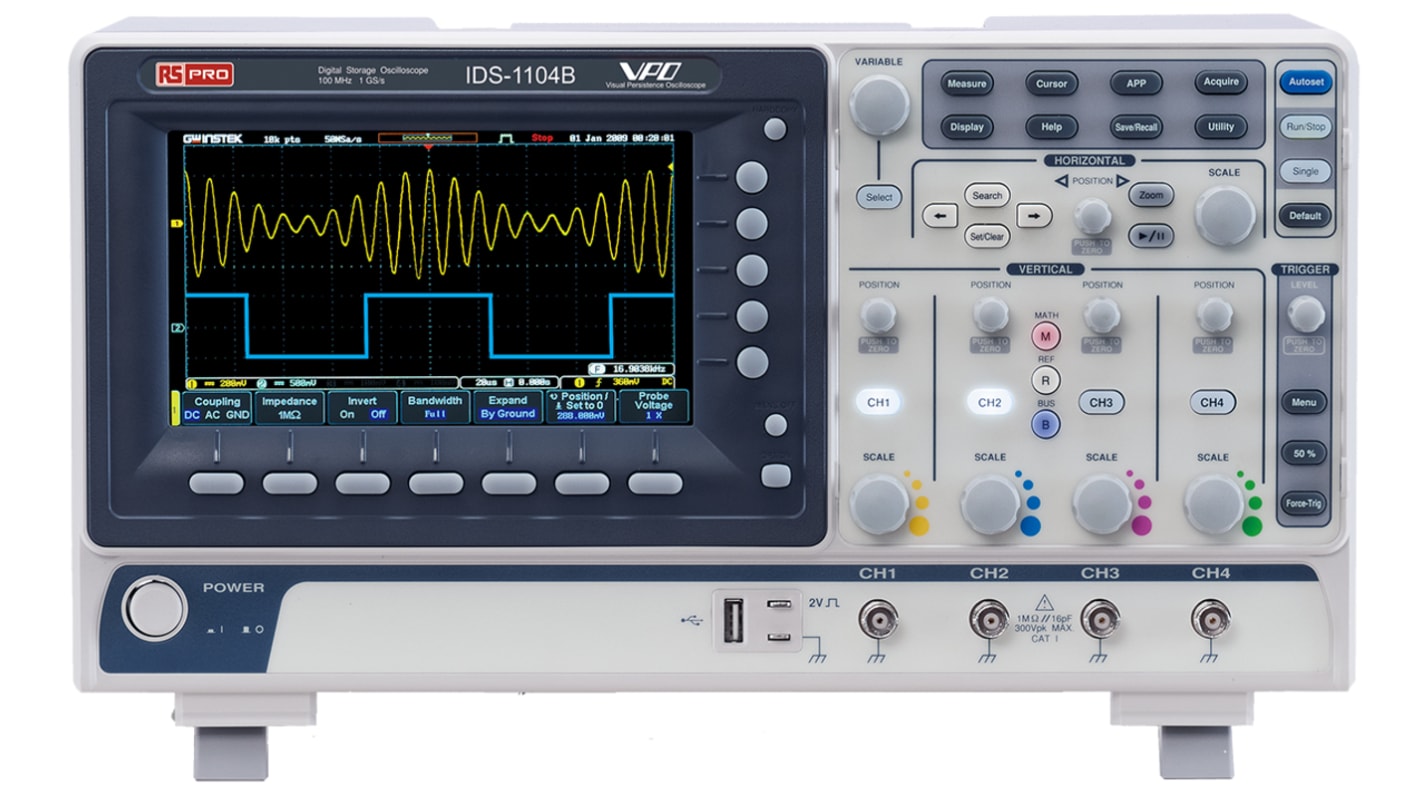 Oscilloscopio con funz. di memorizzazione RS PRO IDS1104B, 4 ch. analogici, 100MHz, Cert. ISO