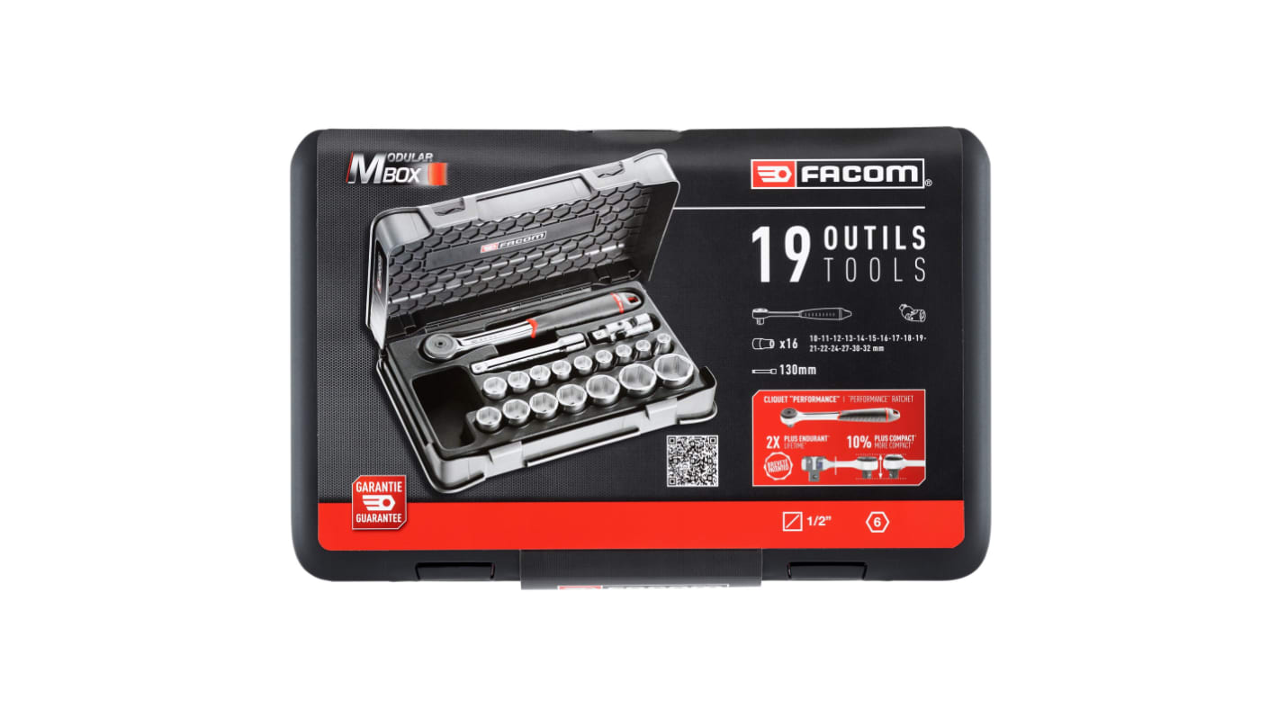 Facom 19-Piece Metric 1/2 in Standard Socket Set with Ratchet, 6 point