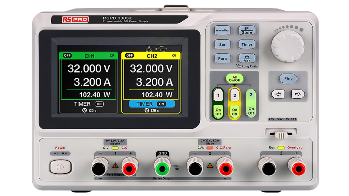 Fuente de alimentación RS PRO, calibrado UKAS, 3 salidas, 2 x 0 → 32V, 3.2A, 220W