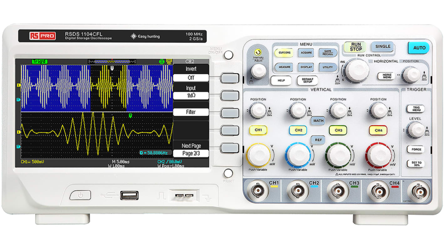 RS PRO RSDS1104CFL Digital Bench Oscilloscope, 4 Analogue Channels, 100MHz - UKAS Calibrated