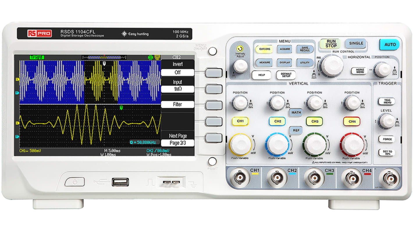 Osciloscopio de banco RS PRO RSDS1104CFL, calibrado UKAS, canales:4 A, 100MHZ, pantalla de 177.8mm, interfaz USB