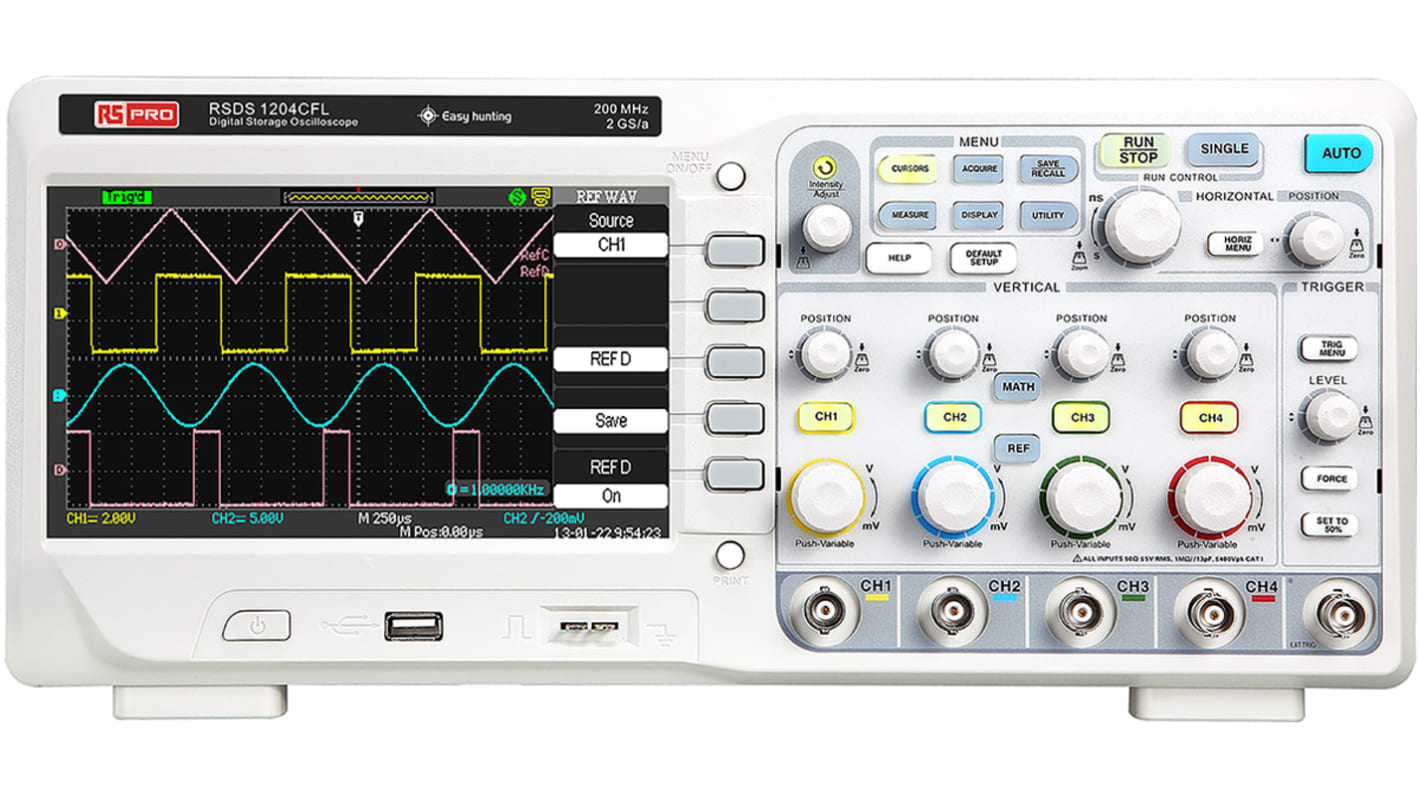 Osciloscopio de banco RS PRO RSDS1204CFL, calibrado UKAS, canales:4 A, 200MHZ, pantalla de 177.8mm, interfaz USB