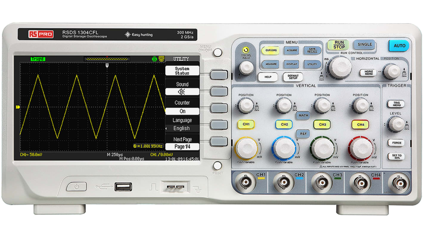 Osciloscopio de banco RS PRO RSDS1304CFL, calibrado UKAS, canales:4 A, 300MHZ, pantalla de 177.8mm, interfaz USB