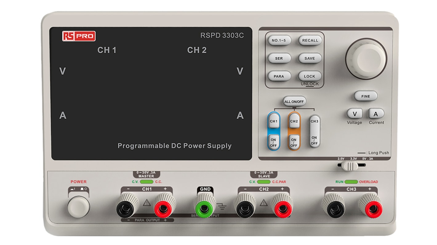 RS PRO 3-Kanal Programmier Labornetzgerät 220W, 2 x 0 → 32 V, 2.5 → 5 V / 3.2A, DKD/DAkkS-kalibriert