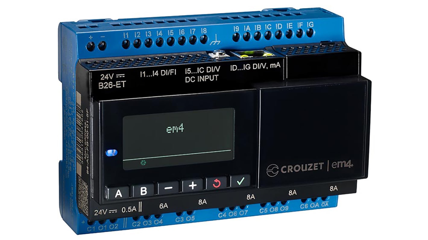 Crouzet em4 Series PLC CPU, PWM, Relay Output, 12 (Digital/Analogue), 4 (Digital)-Input, Analogue, Digital Input