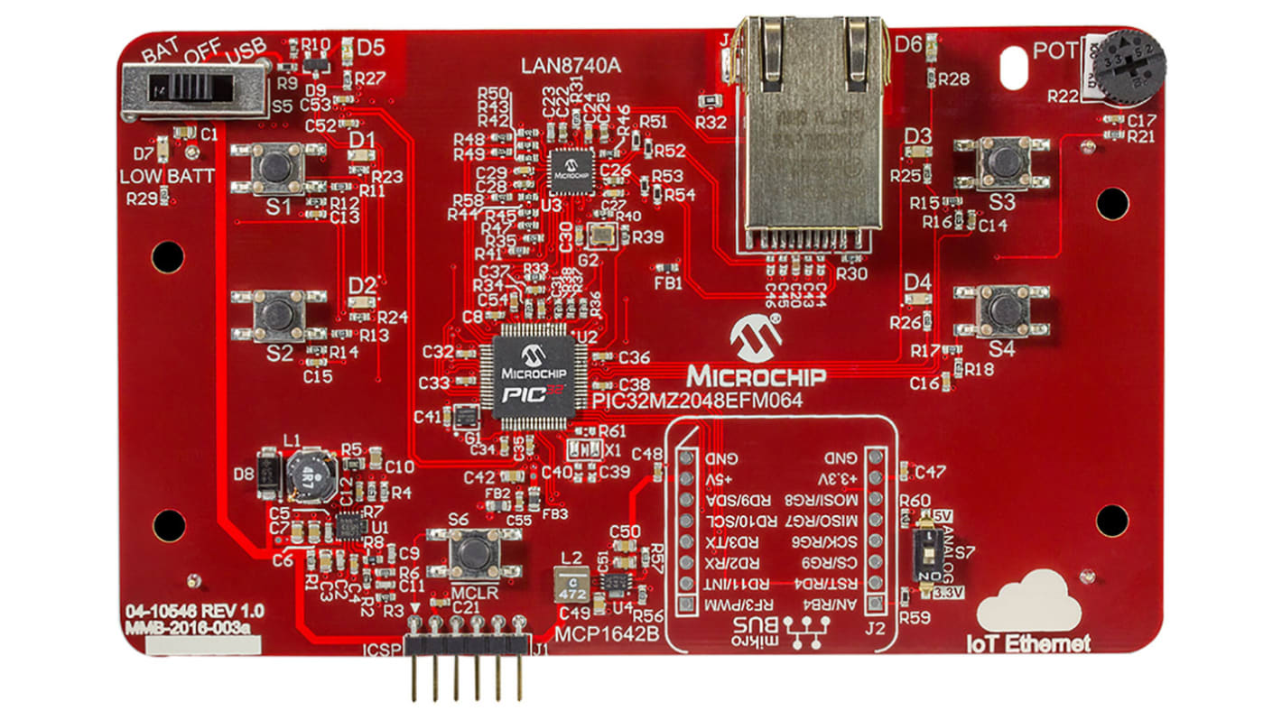 Microchip Medium One IoT Ethernet Development Kit LAN8740A, PIC32MZ2048EFH144 Development Kit DM990101