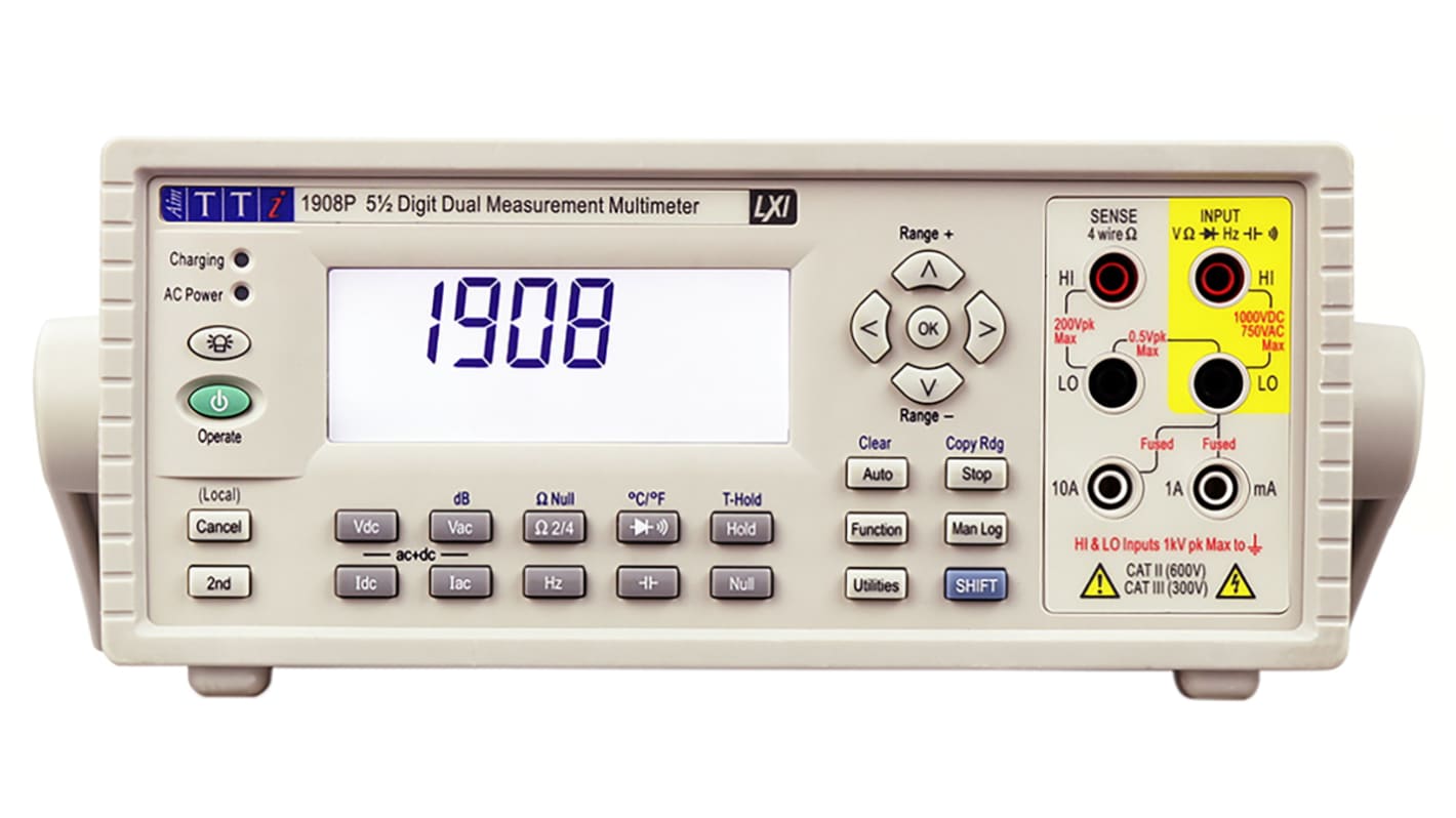 Aim-TTi 1908, Tisch LCD Digital-Multimeter, CAT II 1000V ac / 10A ac, 1kΩ, ISO-kalibriert