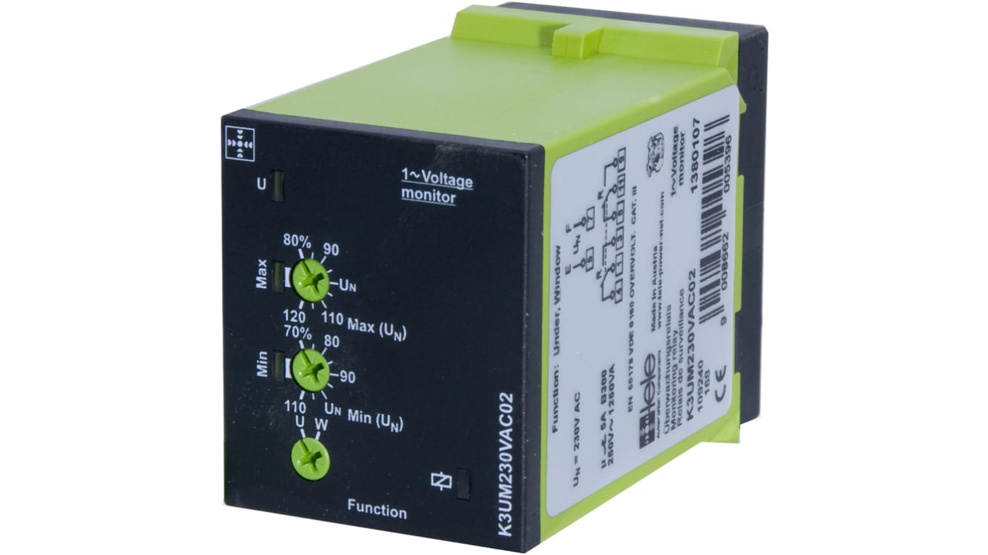 Tele Phase, Voltage Monitoring Relay, 1, 3 Phase, DPDT, Maximum of 400 V, DIN Rail