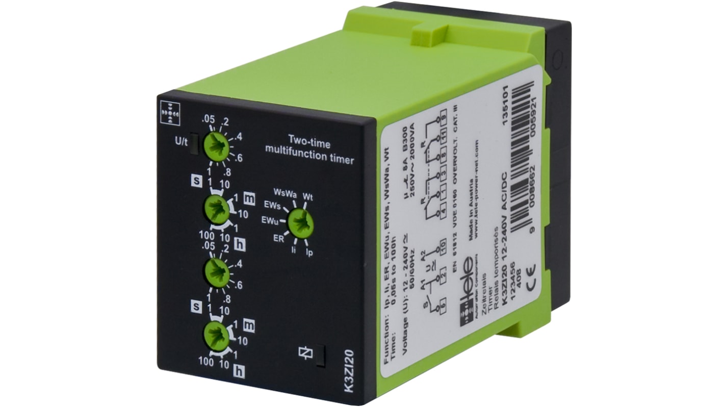 Tele 12 → 240V ac/dc Timer Relay, Multi-funktions timerfunktioner Indstiksmontering