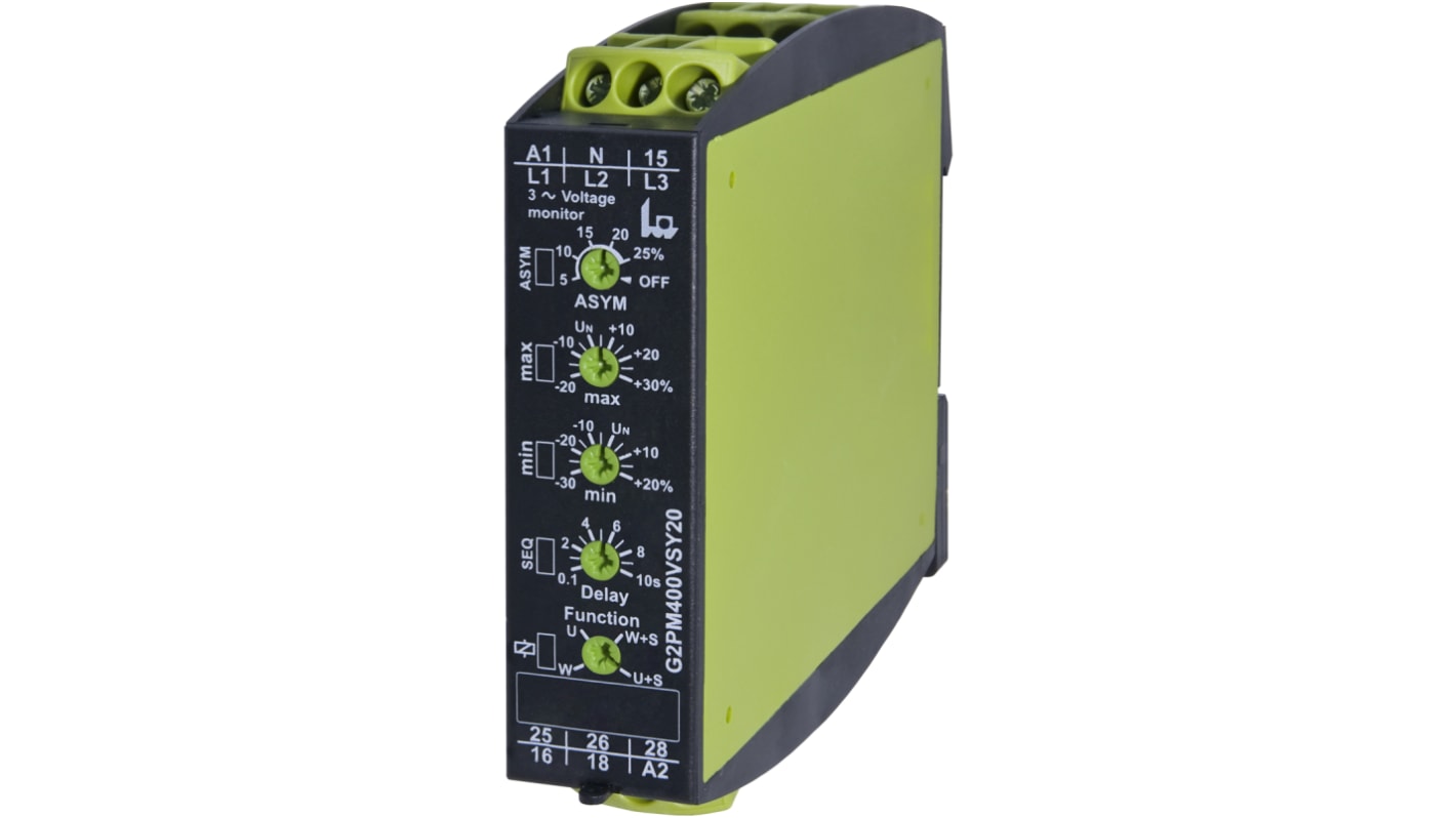 Tele 欠压/相序/电压继电器, 三相, DIN导轨安装, DPDT, 可感应最高 400 V