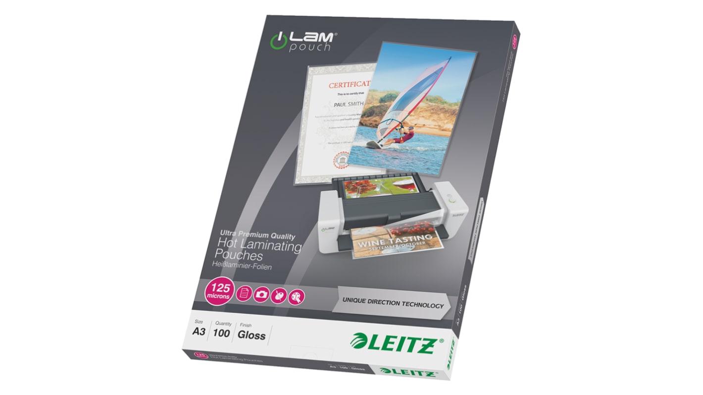 Leitz A3 Glossy Laminator Pouches 125micron Thickness, 100 Pack Quantity