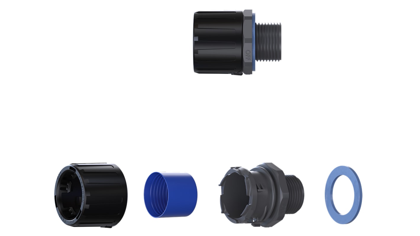 Flexicon Straight, Conduit Fitting, 16mm Nominal Size, M16, Nylon 66, Black, Grey IP66, IP67, IP68, IP69 rating