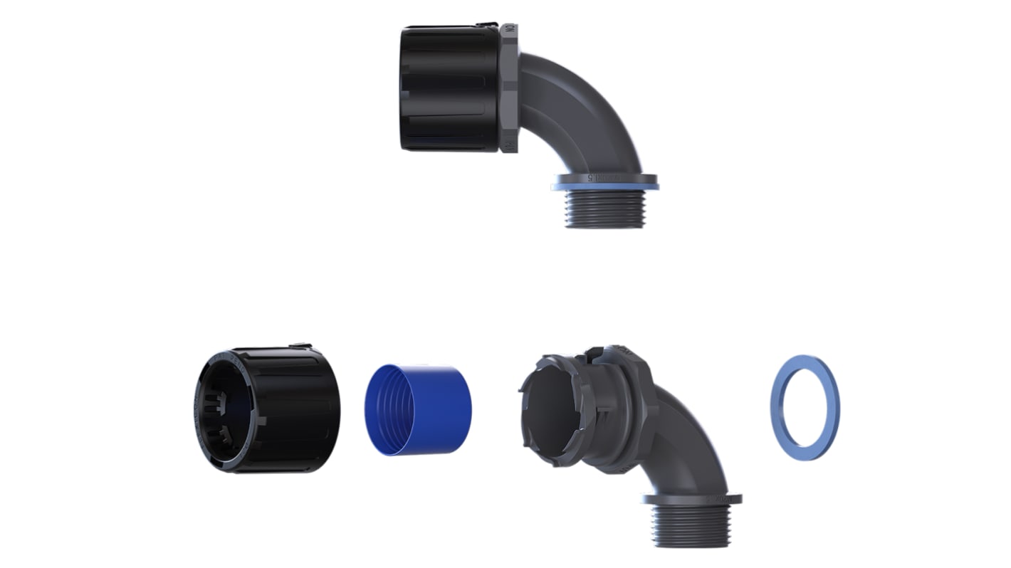 Raccordo per cavi Flexicon FPAU21-M20-90B FPAU 90, Gomito a 90° in Nylon 66 Nero, Nero, grigio, filetto M20, 21mm,