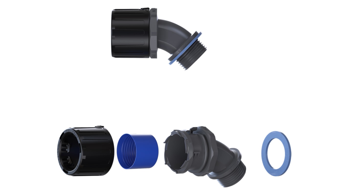 Flexicon 45° Elbow, Conduit Fitting, 34mm Nominal Size, M32, Nylon 66, Black, Grey IP66, IP67, IP68, IP69 rating