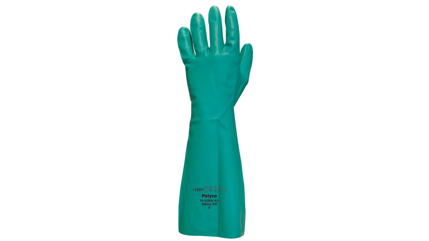 Polyco Healthline N-Dura Green Nitrile Chemical Resistant Work Gloves, Size 9, Nitrile Coating