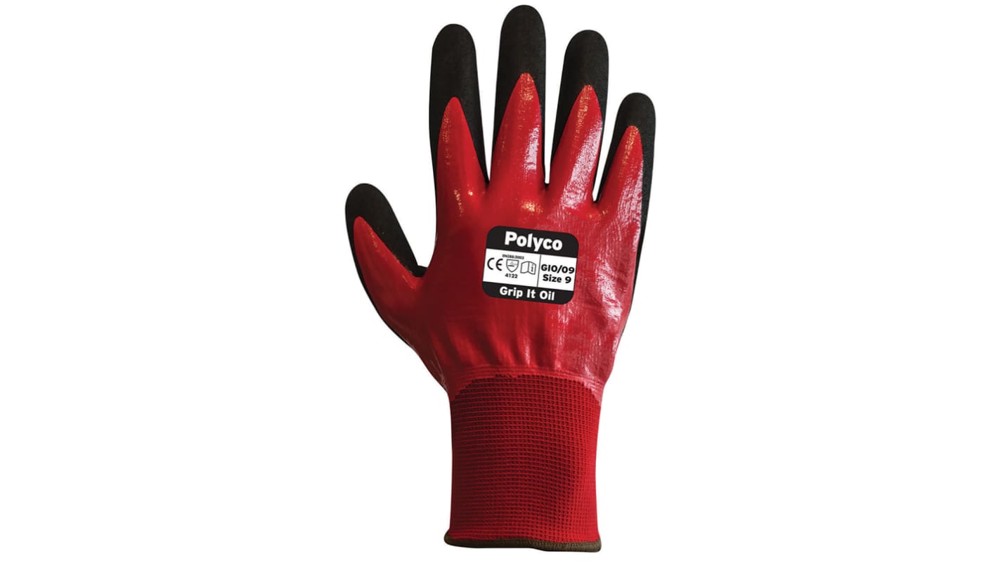 Polyco Healthline Grip It Red Nitrile General Purpose Work Gloves, Size 9, Nitrile Foam Coating