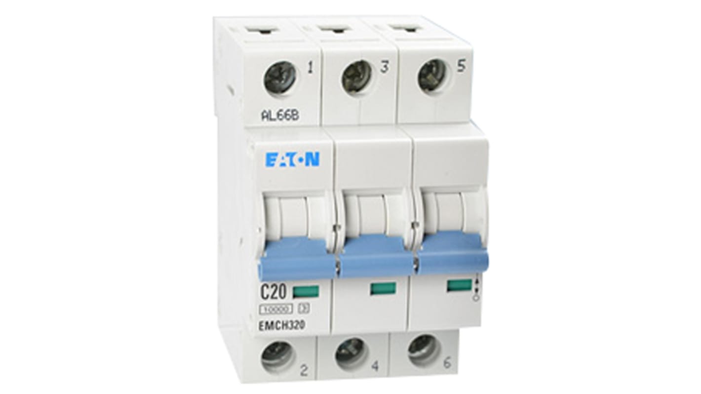 Eaton C型MCB, 3极, 10 kA分断, 20A, 230VAC, 48VDC