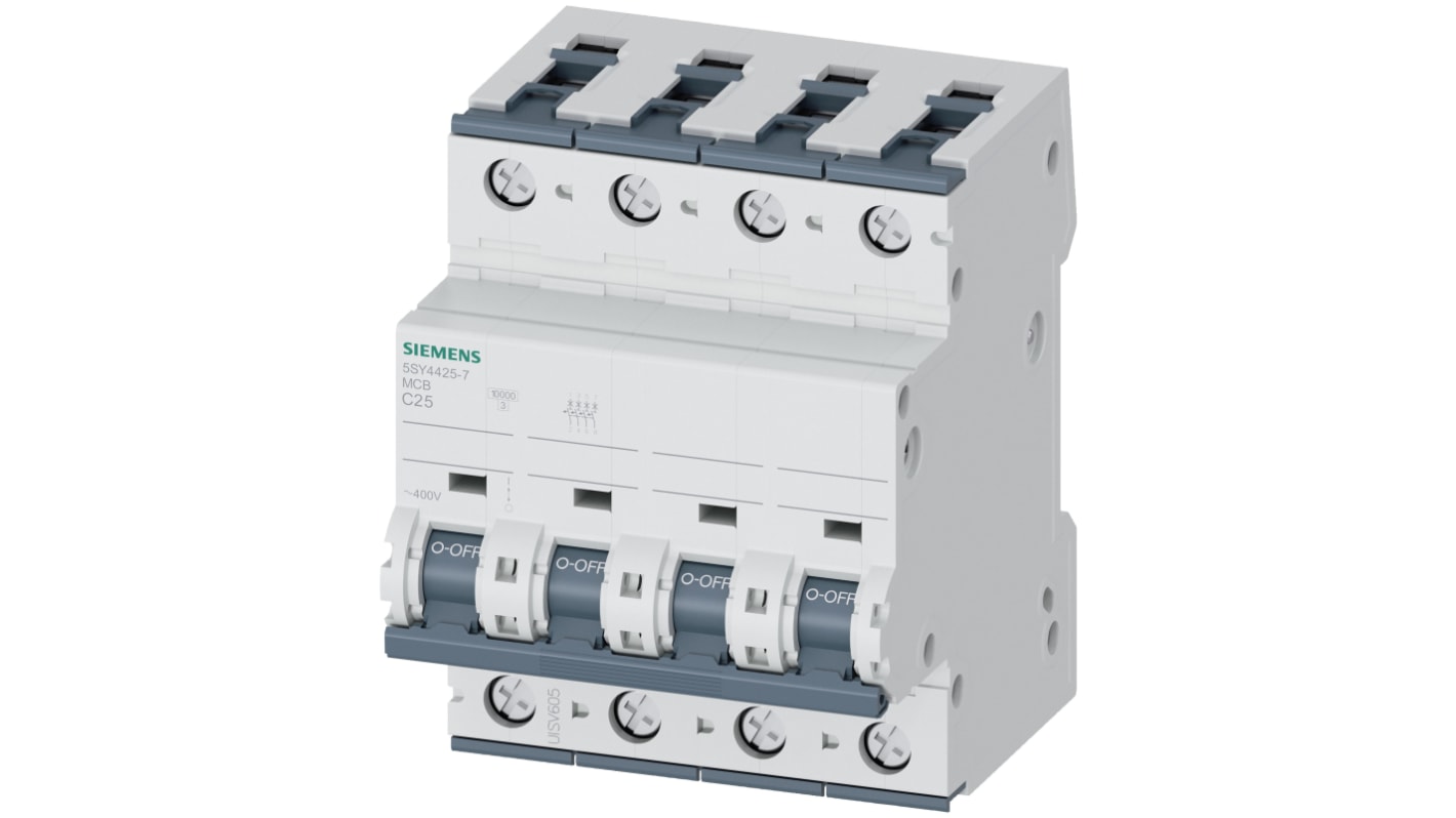 Siemens C型MCB, 4极, 10 kA分断, 25A, 400VAC, 5SY4系列