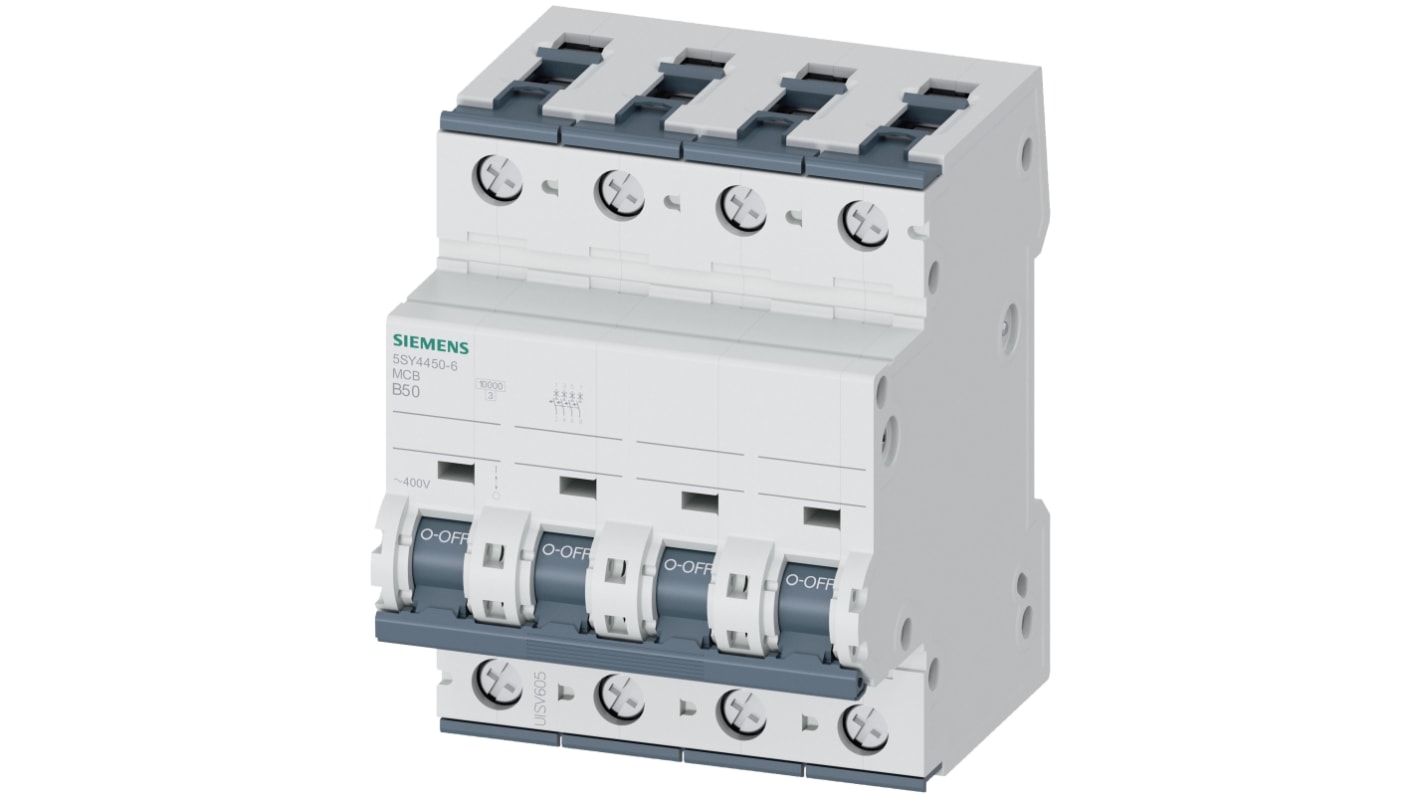 Siemens 5SY4 MCB Leitungsschutzschalter Typ B, 4-polig 50A 400V, Abschaltvermögen 10 kA Sentron DIN-Schienen-Montage