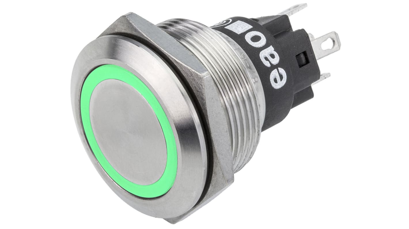 EAO 82 Series Illuminated Push Button Switch, Momentary, Panel Mount, 22.3mm Cutout, SPDT, Green LED, 240V, IP65, IP67