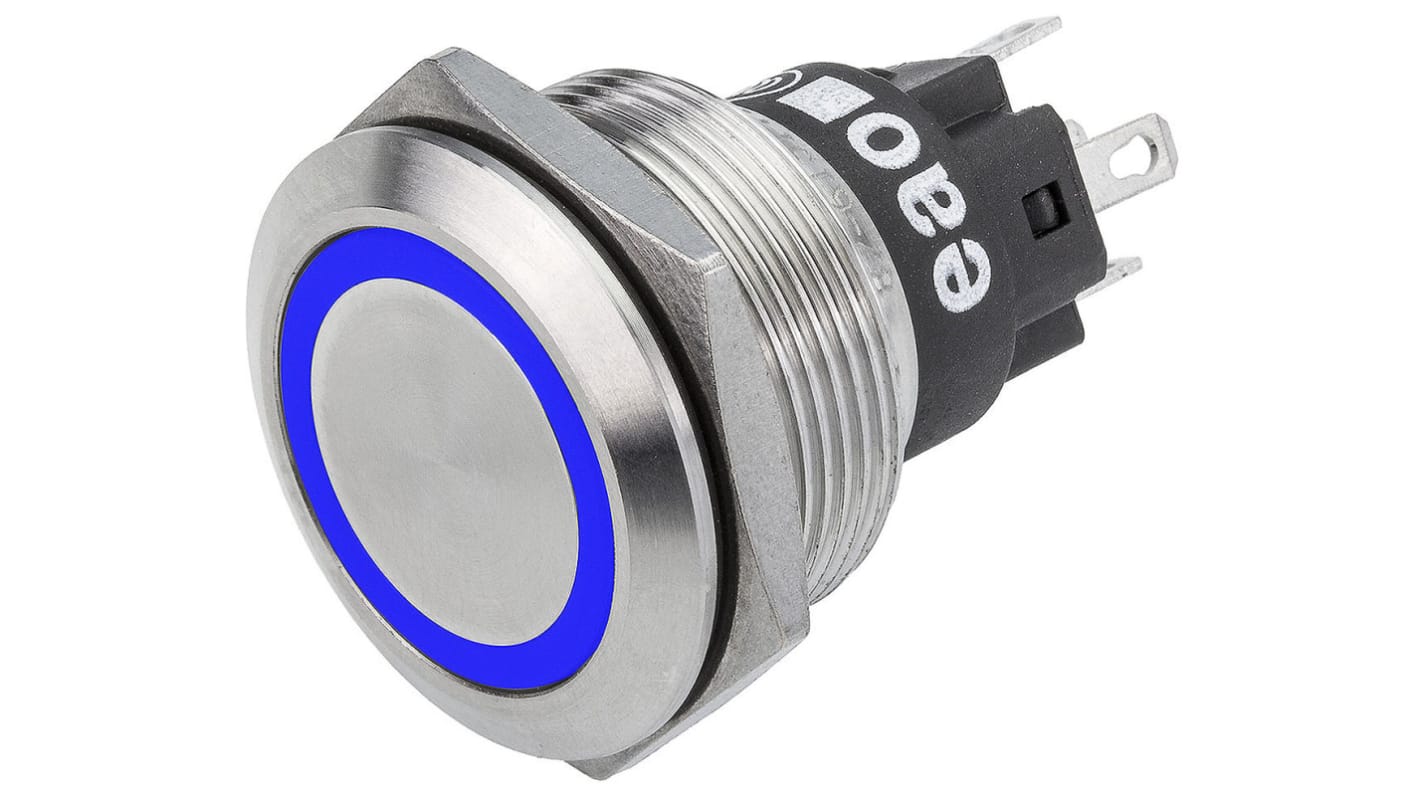 EAO 82 Series Illuminated Push Button Switch, Momentary, Panel Mount, 22.3mm Cutout, SPDT, Blue LED, 240V, IP65, IP67