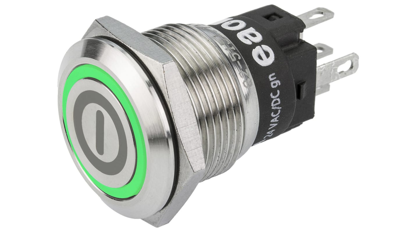 EAO 82 Series Illuminated Push Button Switch, Momentary, Panel Mount, 19mm Cutout, SPDT, Green LED, 240V, IP65, IP67