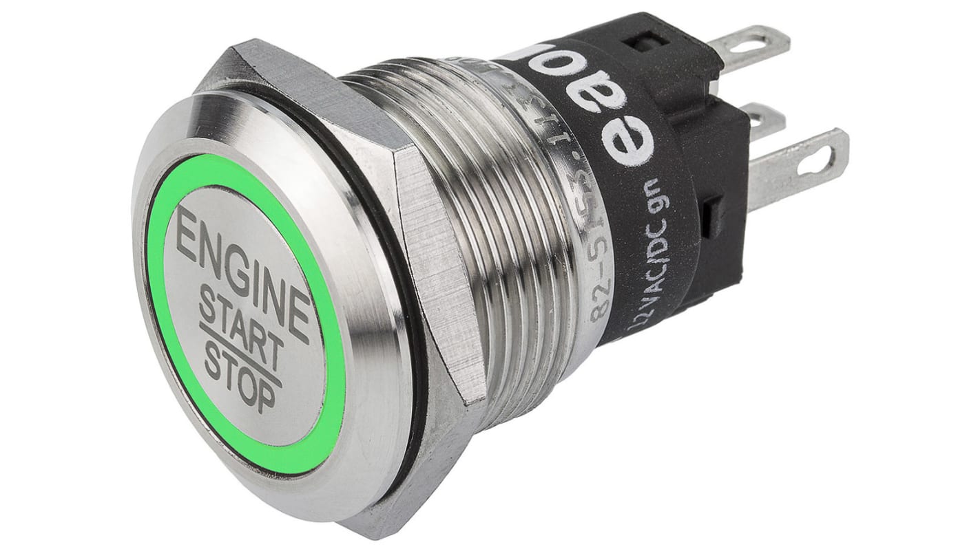 EAO 82 Series Illuminated Push Button Switch, Momentary, Panel Mount, 19mm Cutout, SPDT, Green LED, 240V, IP65, IP67