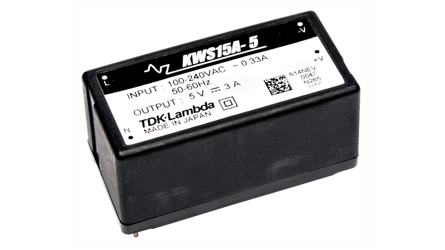 TDK-Lambda Switching Power Supply, KWS15A-5, 5V dc, 3A, 15W, 1 Output, 120 → 370 V dc, 85 → 265 V ac