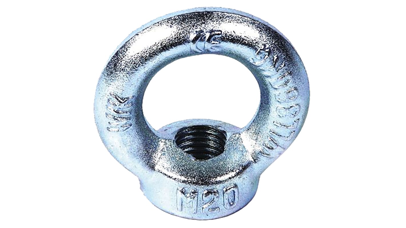 RS PRO Carbon Steel Eye Nut, M20 Thread, 40mm Internal Eye Diameter, 72mm Outer Eye Diameter, 1.2t Load