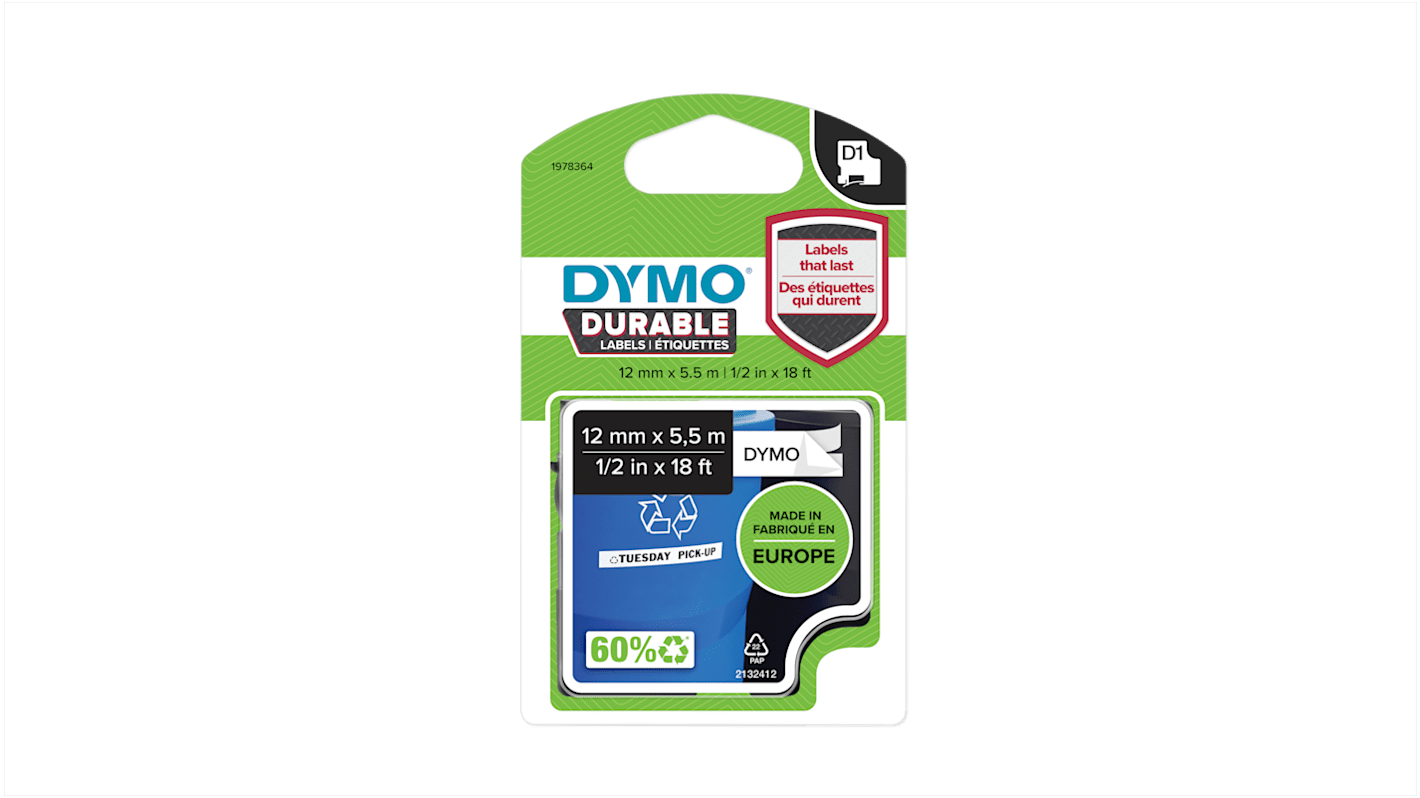 Dymo 标签色带, 白底黑字, 5.5 m/卷, 用于Dymo 160, Dymo 210D, Dymo 280, Dymo 360, Dymo 420P, Dymo 450 DUO, Dymo 500TS, Dymo Mobile