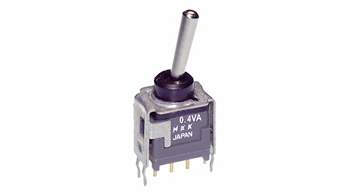 NKK Switches 钮子开关, 单刀双掷, (开)-关-(开)操作, 100 mA, PCB安装, 通孔端子, 面板切口6.2 x 4.9mm, IP65