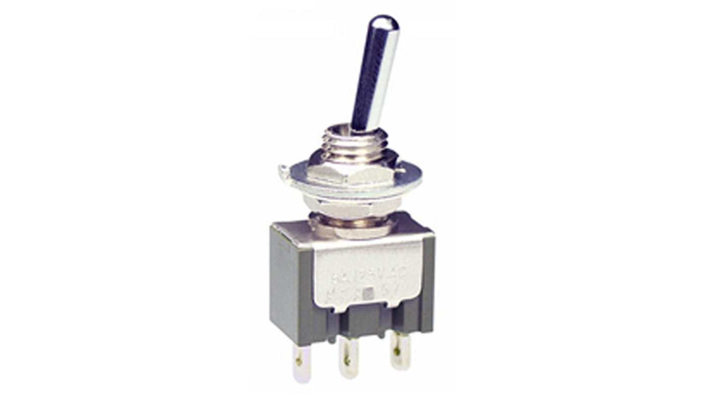 NKK Switches 钮子开关, 单刀双掷, 关-(关)操作, 100 mA, PCB安装, 焊接端子, 面板切口12.5 (Dia.)mm, IP67