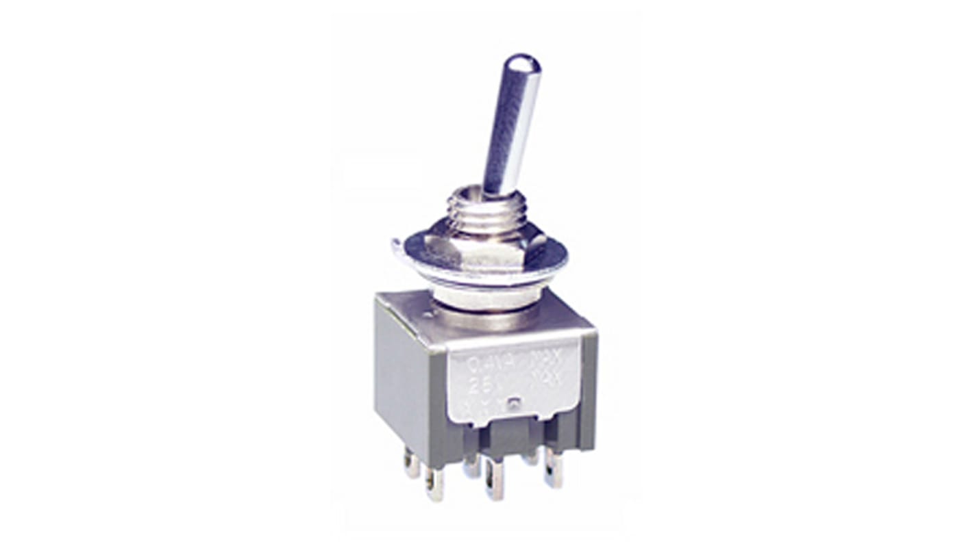 NKK Switches 钮子开关, 双刀双掷, 开-关-开操作, 3 A @ 30 V 直流，6 A @ 125 V 交流, PCB安装, 焊接端子, 面板切口12.5 (Dia.)mm, IP67