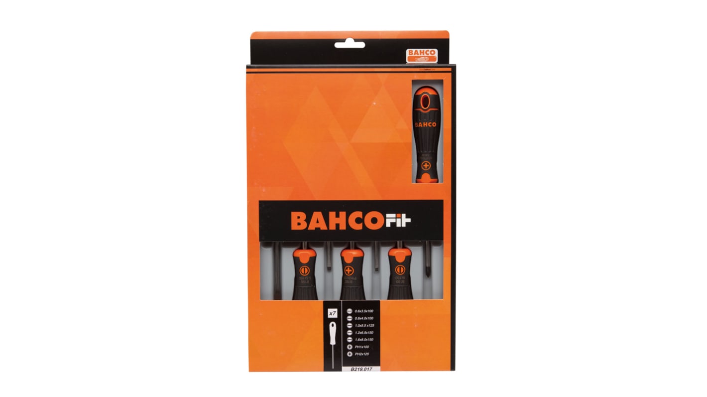 Bahco 标准螺丝刀套装, 十字；一字刀头, 7件套, 多种规格, 铬钢刀片, B219.017