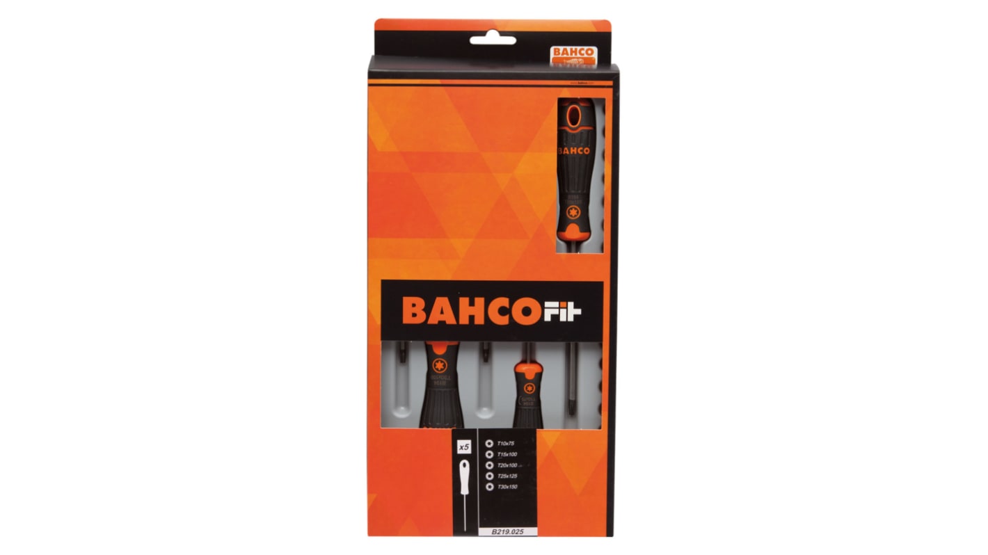 Set di cacciaviti Bahco B219.025, 5 pezzi Torx, lama Punta nera, cromata