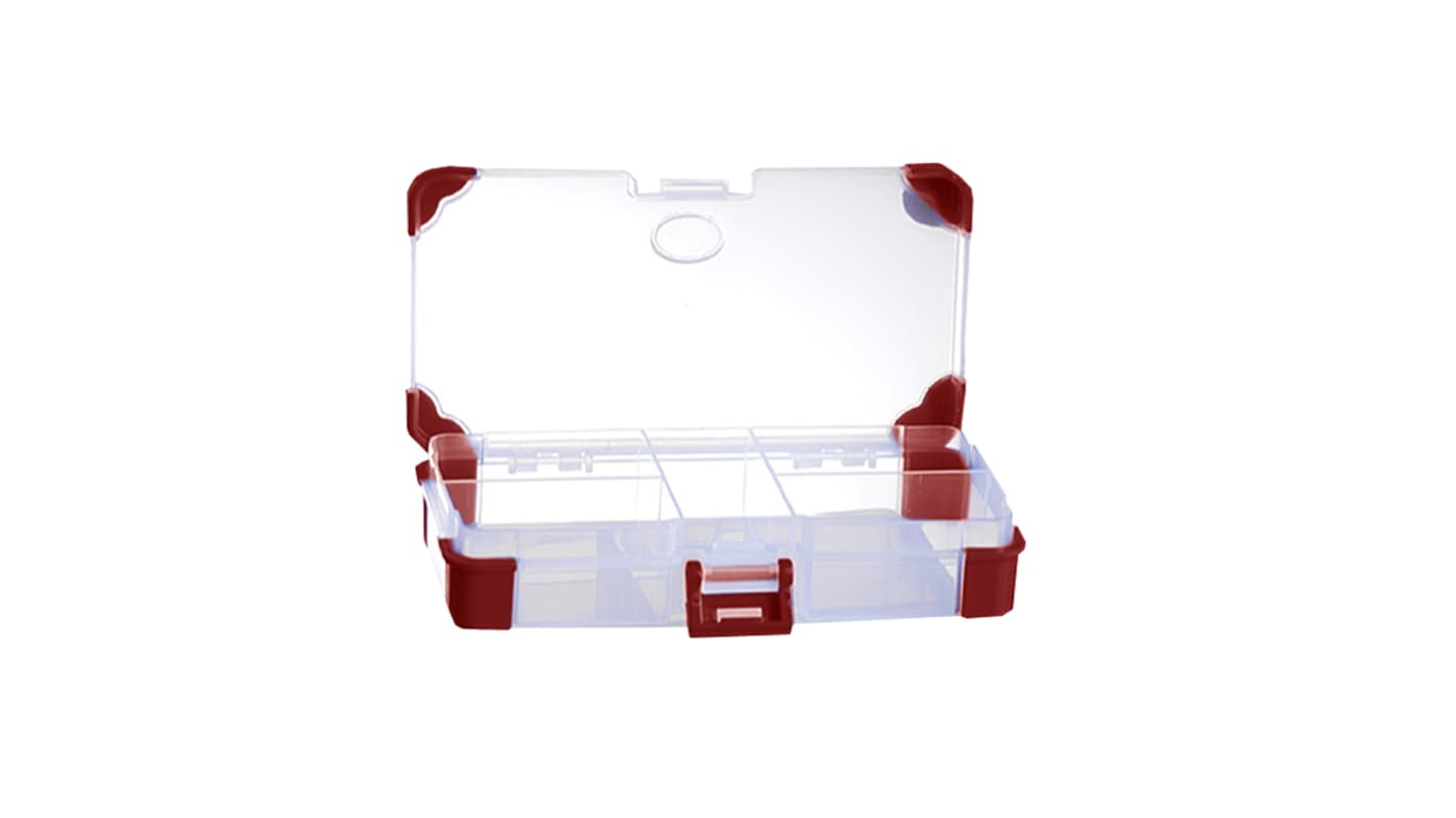 RS PRO 5 Cell Transparent Red Polypropylene Compartment Box, 30mm x 140mm x 80mm