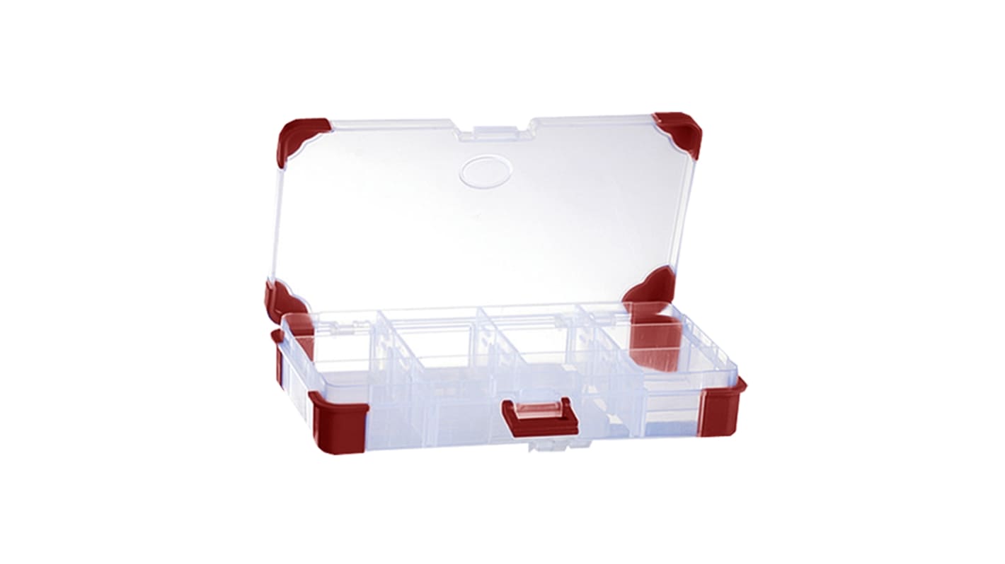RS PRO 12 Cell Transparent Red Polypropylene, Adjustable Compartment Box, 30mm x 170mm x 100mm
