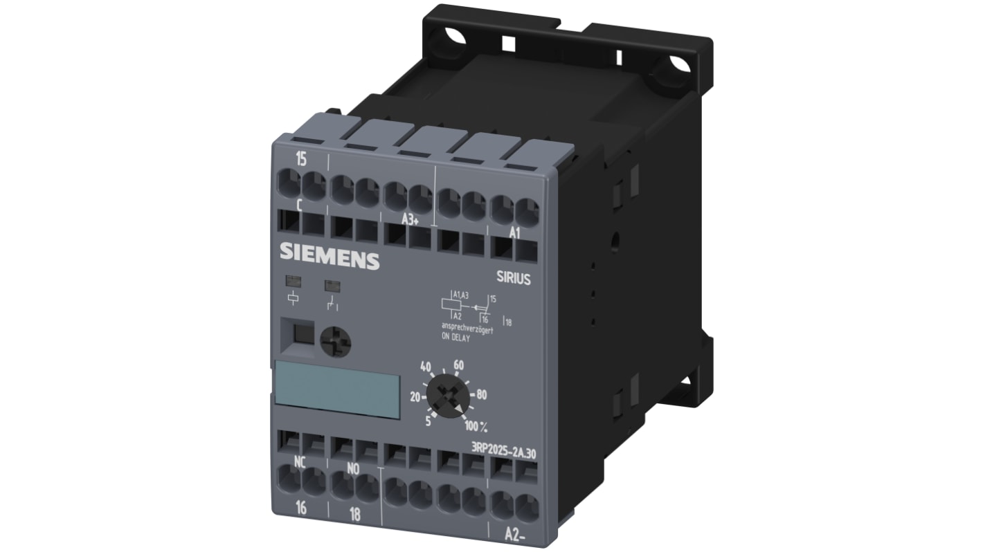 Relais temporisé Siemens 3RP20, 24V c.a. / V c.c., Rail DIN, 1 contact