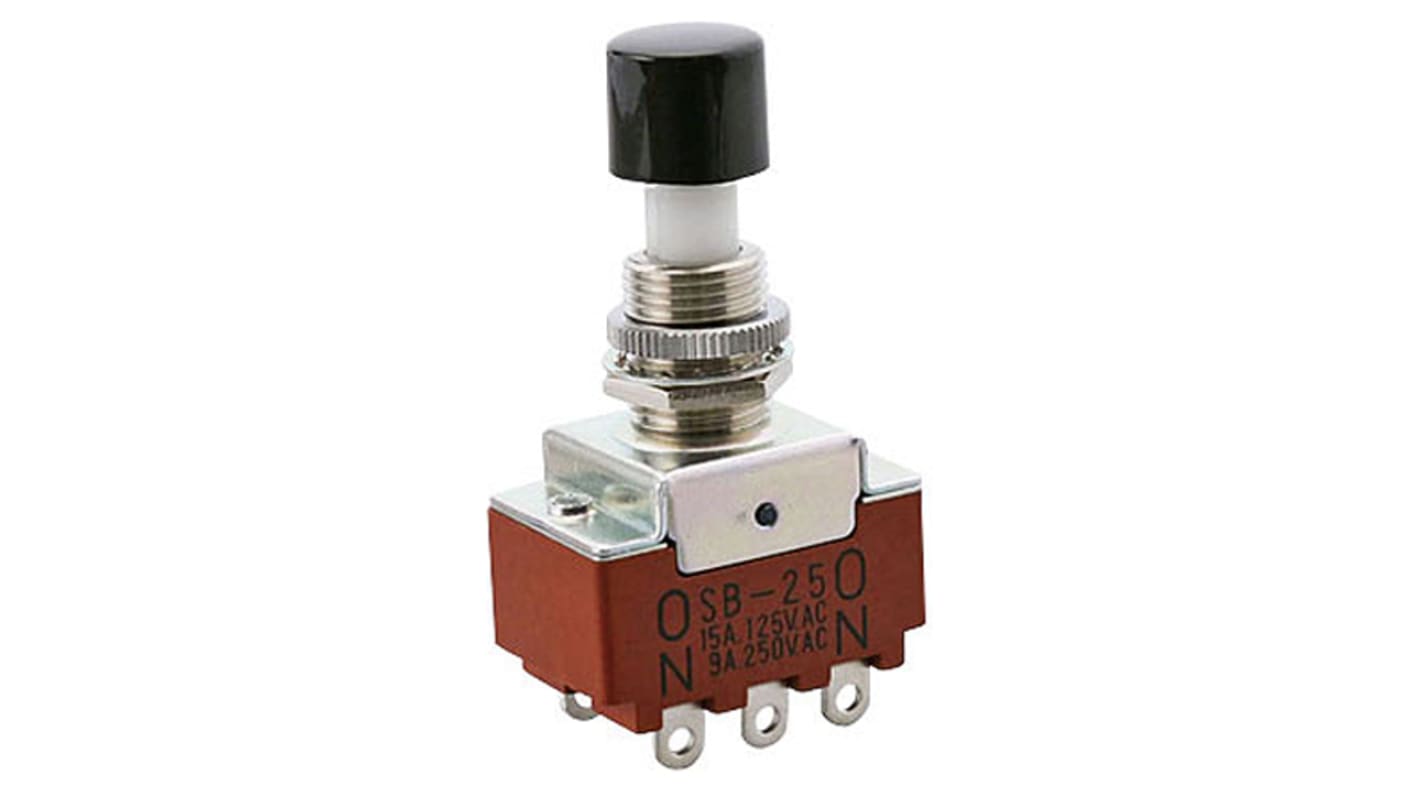 NKK Switches Push Button Switch, Latching, Bushing, 12.5mm Cutout, DPDT, 125V ac