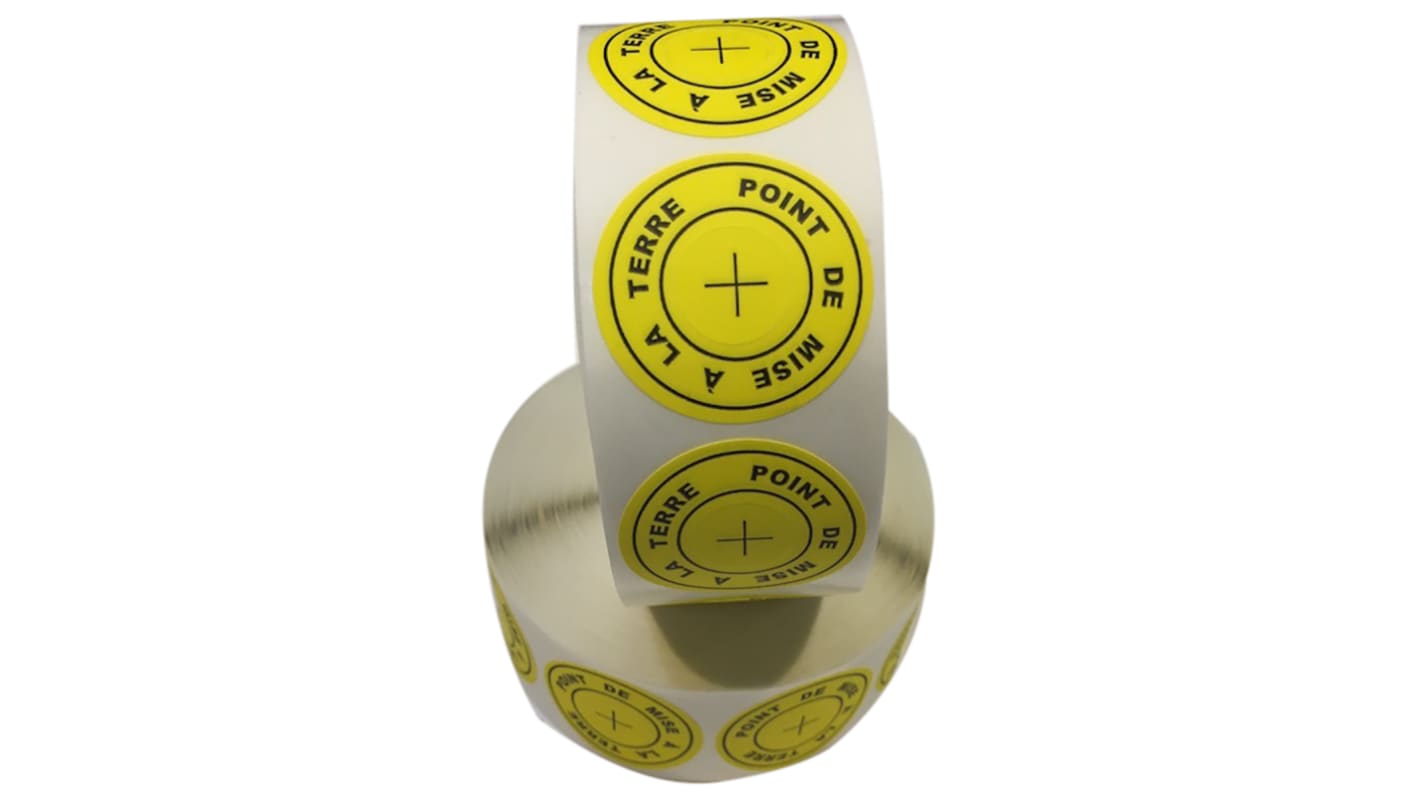 RS PRO Yellow Paper ESD Label, POINT DE MISE A LA TERRE-Text 36 mm x 36 (Dia.)mm